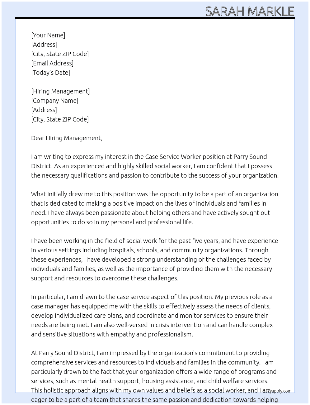 Case Service Worker At Parry Sound District Cover Letter