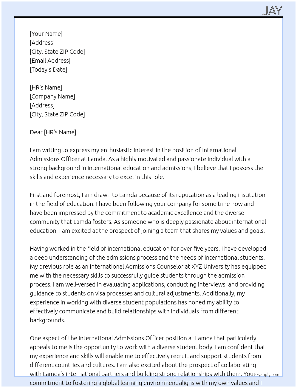 International Admissions Officer At Lamda Cover Letter