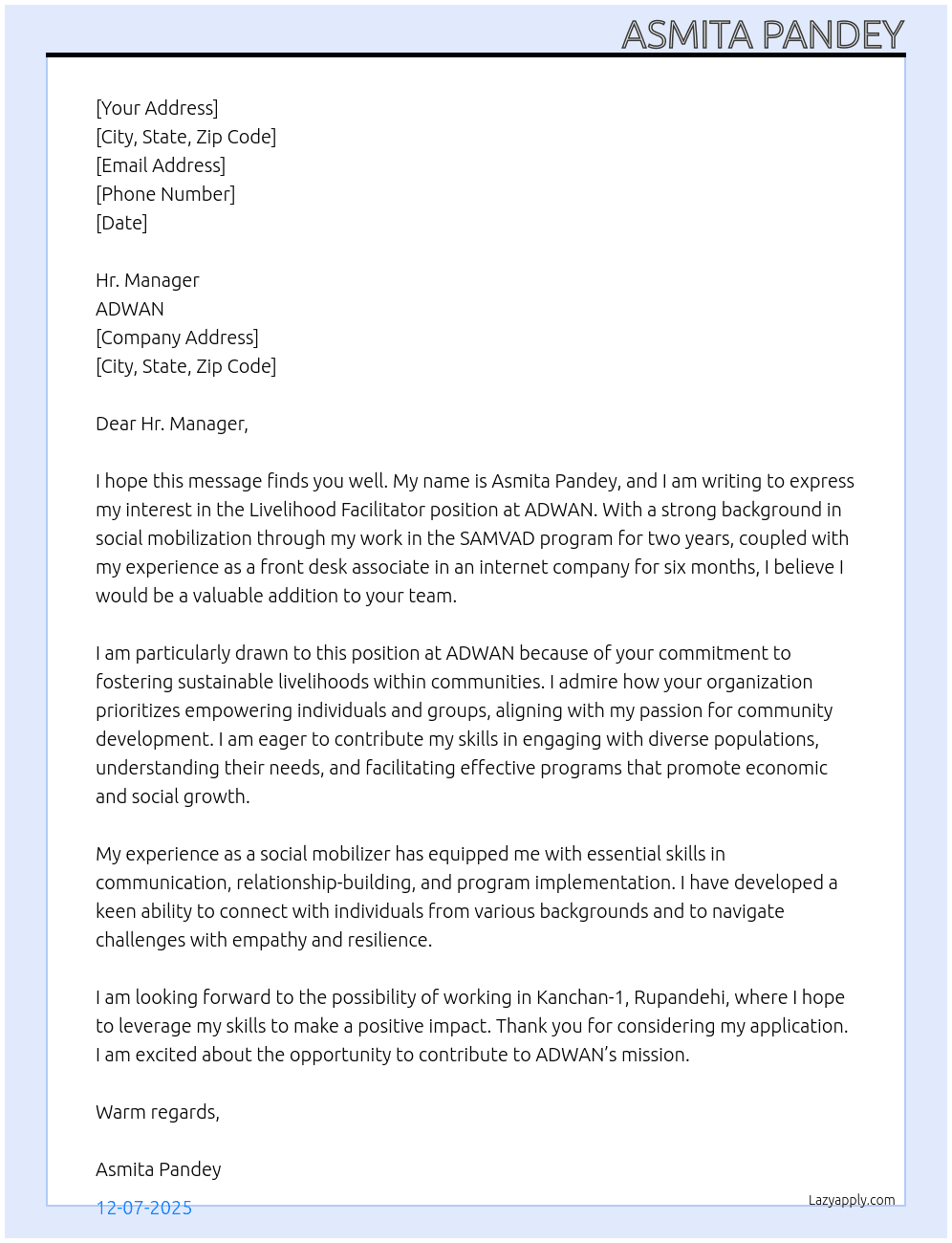 Livelihood facilator At ADWAN Cover Letter