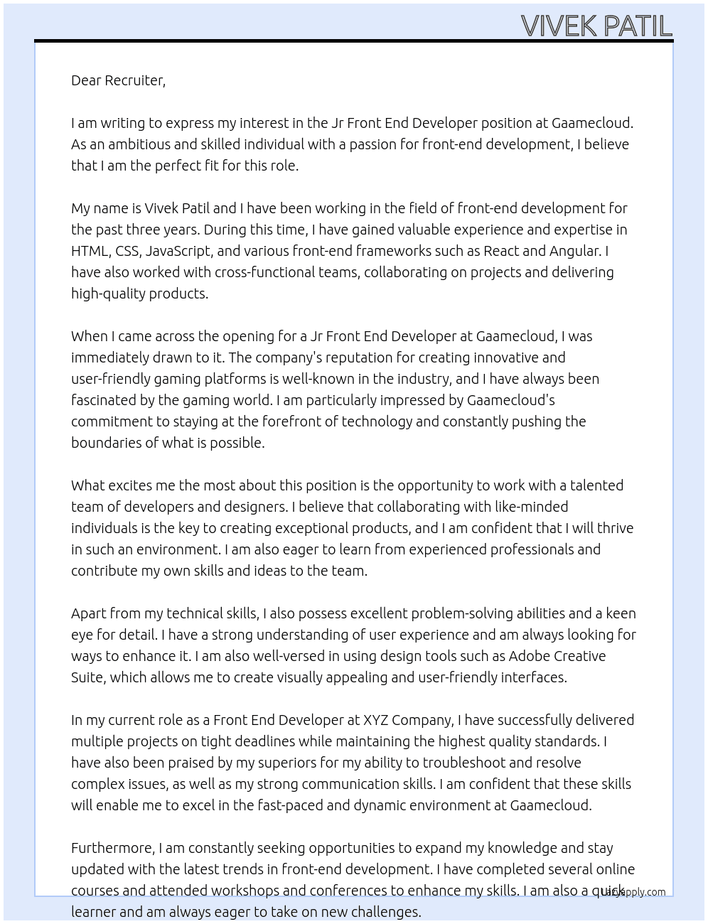 jr front end developer At Gaamecloud Cover Letter