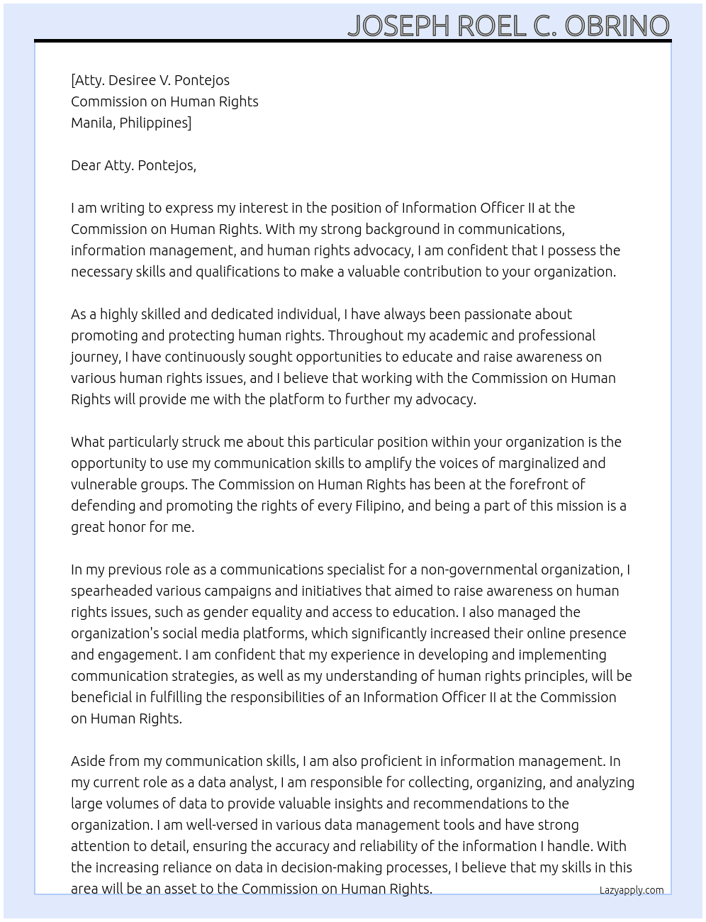 information officer II At Commission on Human Rights Cover Letter