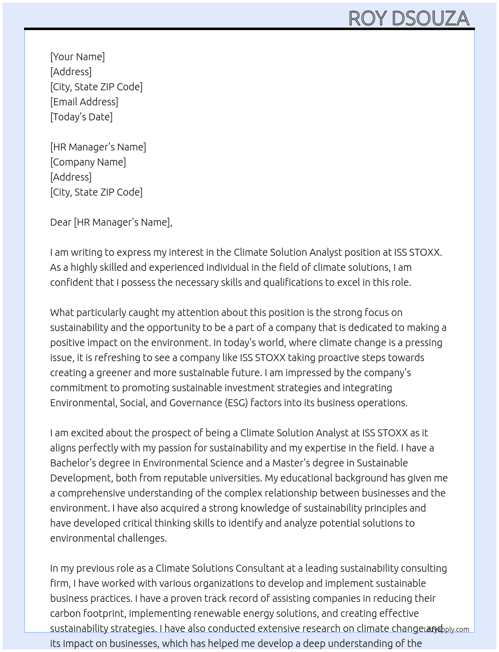 Climate Solution Analyst At ISS STOXX  Cover Letter