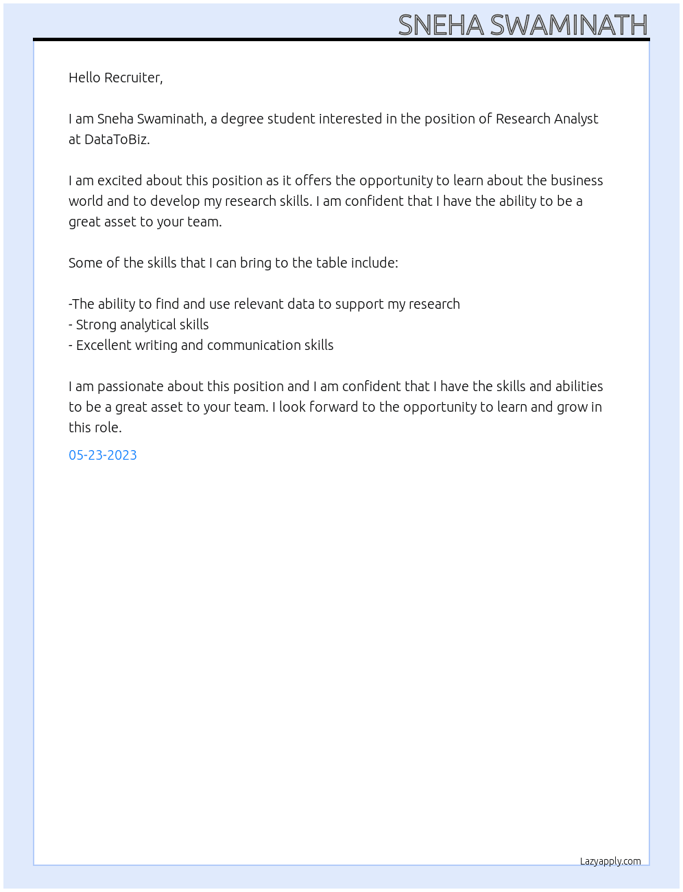 Research analyst as a degree student  At DataToBiz Cover Letter