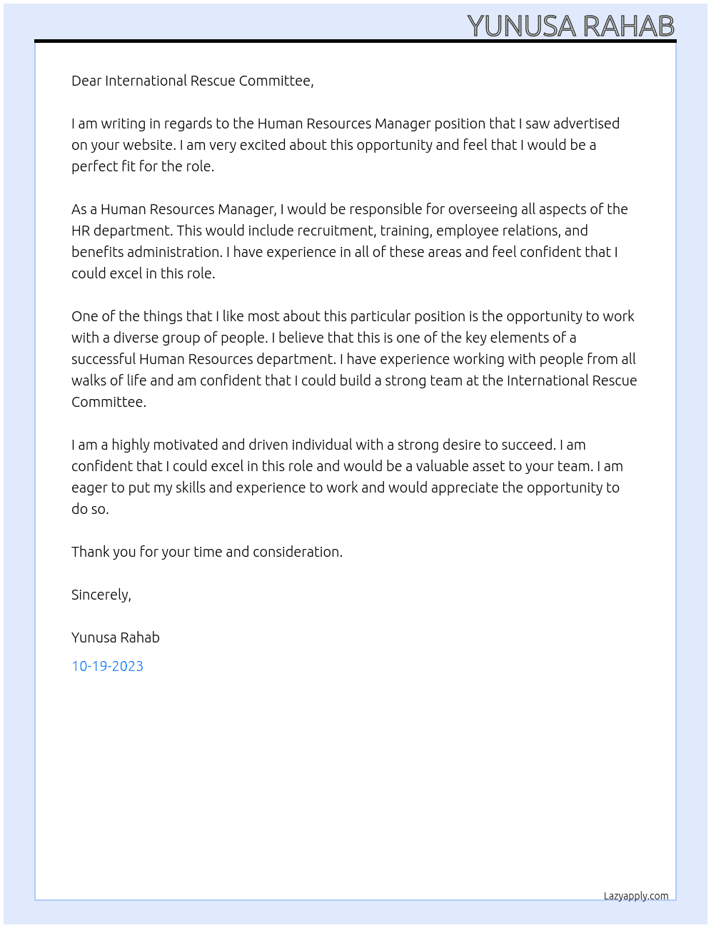 Human resource Manager At International Recuse Commii Cover Letter