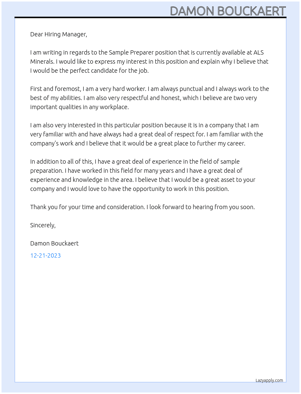 Sample Preparer  At ALS Minerals Cover Letter
