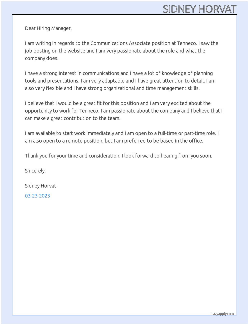 Communications Associate At Tenneco Cover Letter