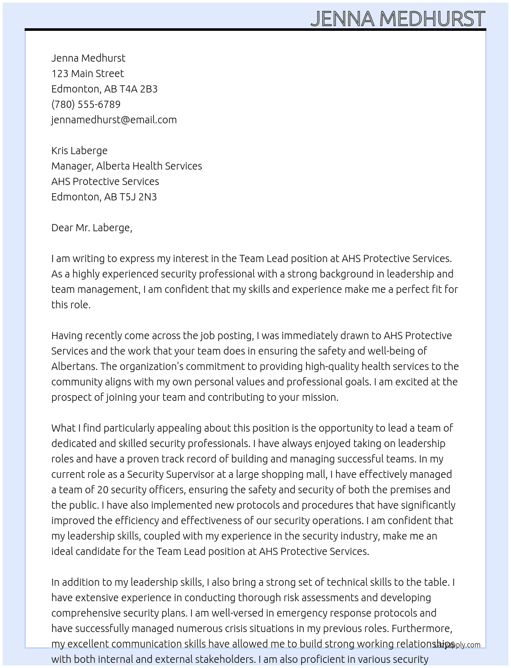 Team Lead At AHS Protective Services Cover Letter