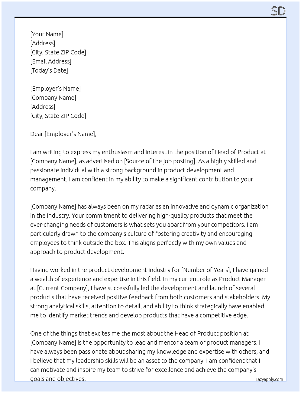 Head of product At fdfs Cover Letter