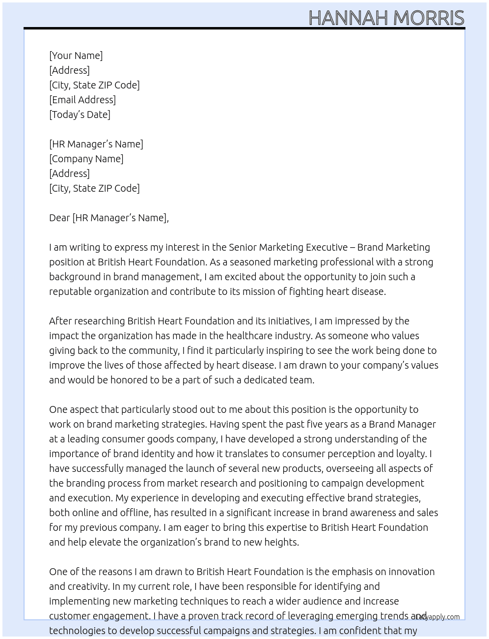 Senior Marketing Executive – Brand Marketing At British Heart Foundation Cover Letter