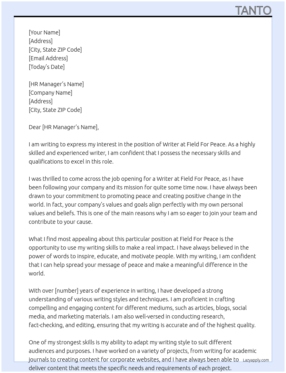 Writer At Field For Peace Cover Letter