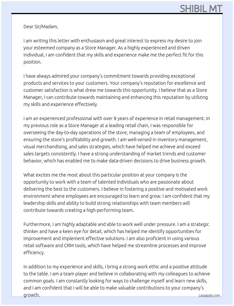 Store manager At At your company Cover Letter
