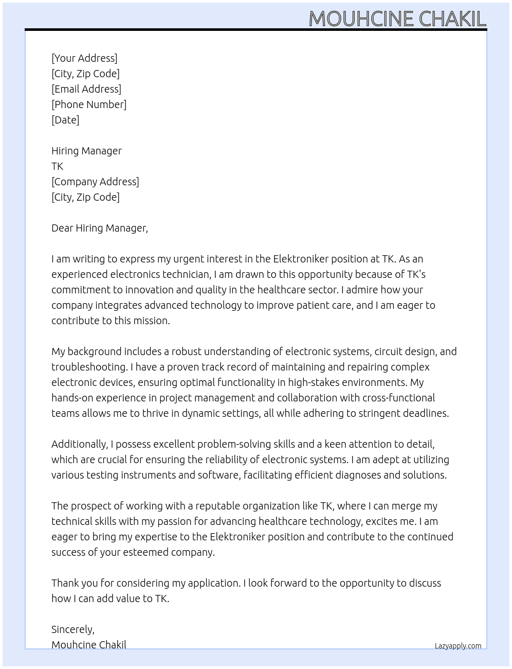 Elektroniker At tk Cover Letter