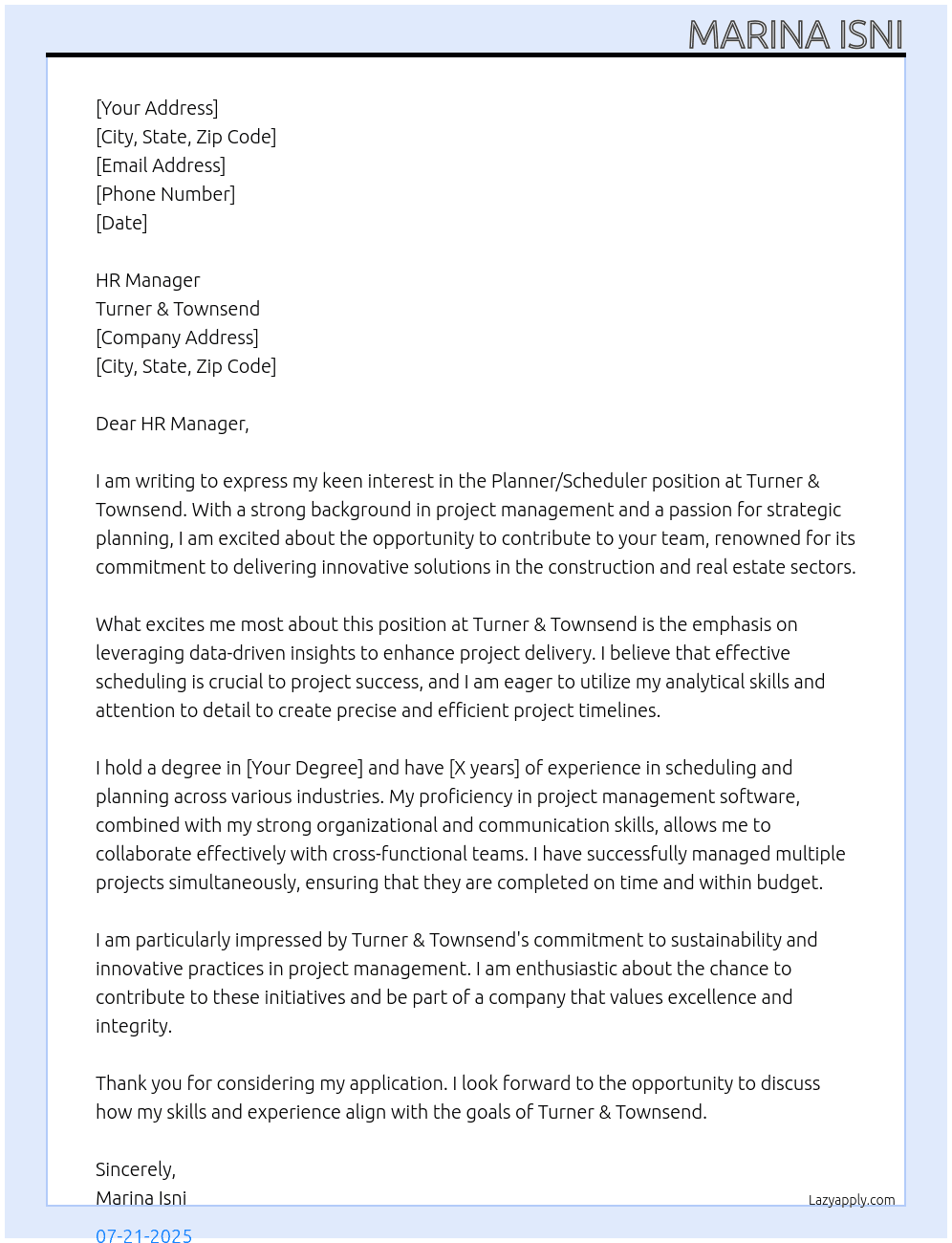 Planner/Schduler At Turner & Townsend Cover Letter