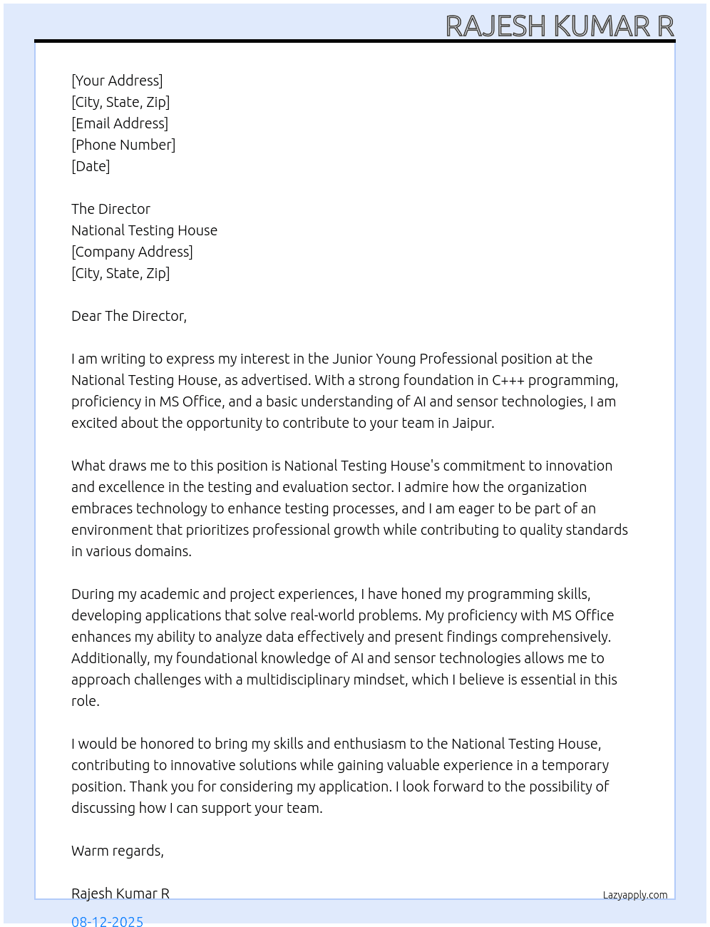 Junior Young Professional  At National Testing House  Cover Letter