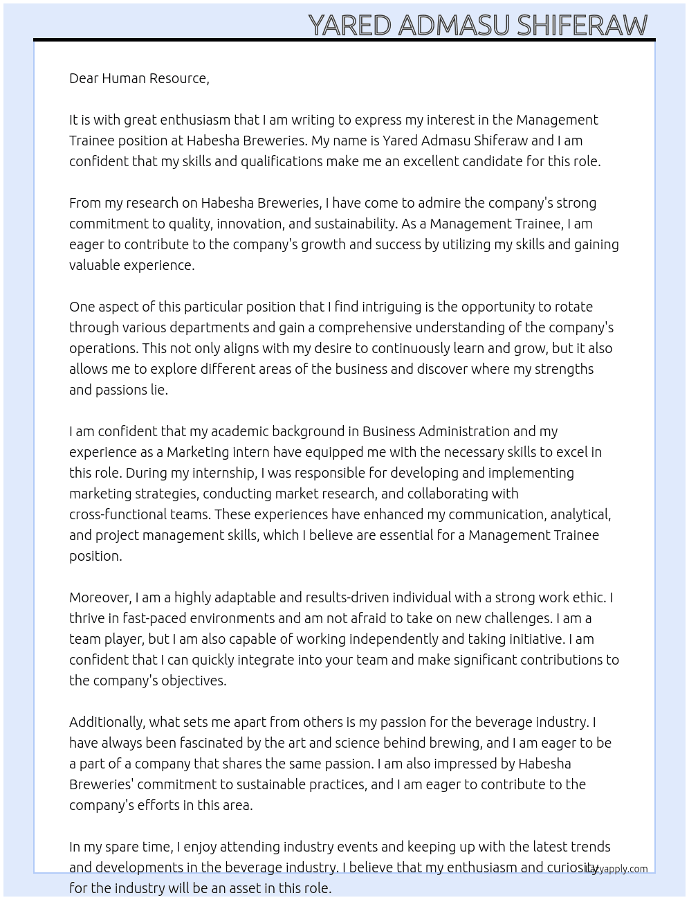 Management trainee At Habesha breweries  Cover Letter