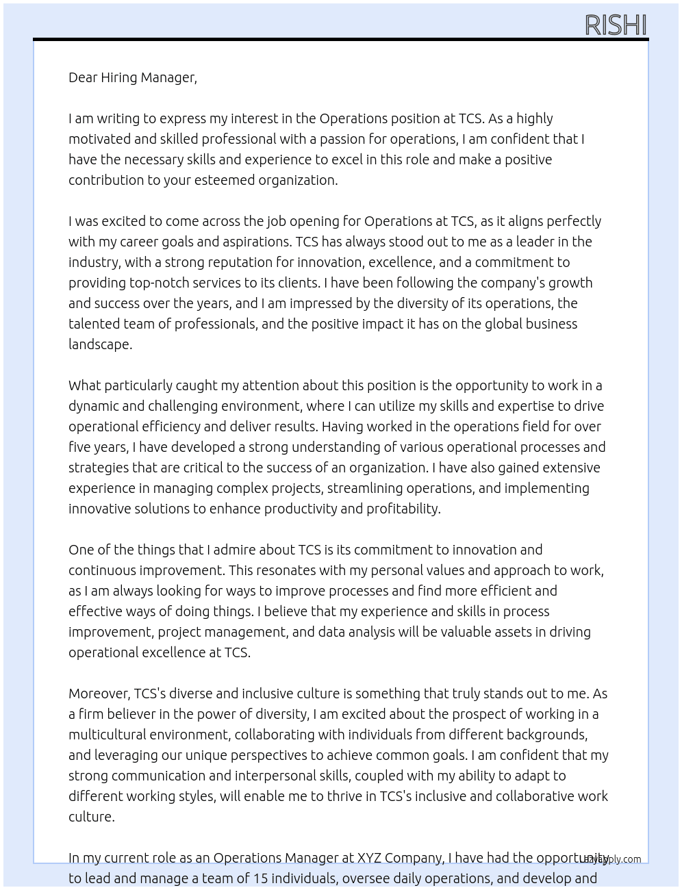 Operations At TCS Cover Letter