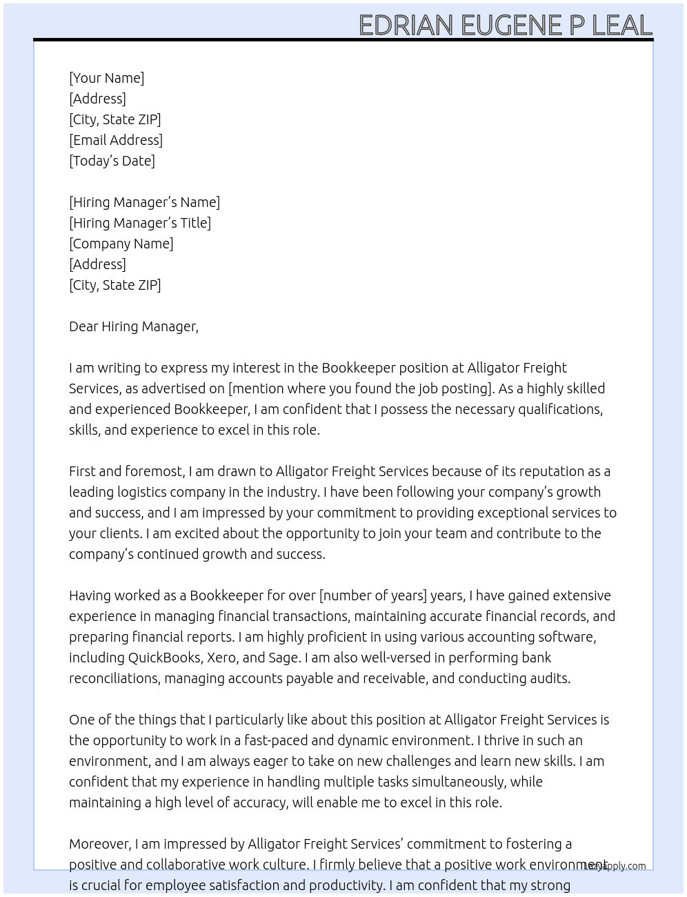 Bookkeeper At Alligator freight services Cover Letter