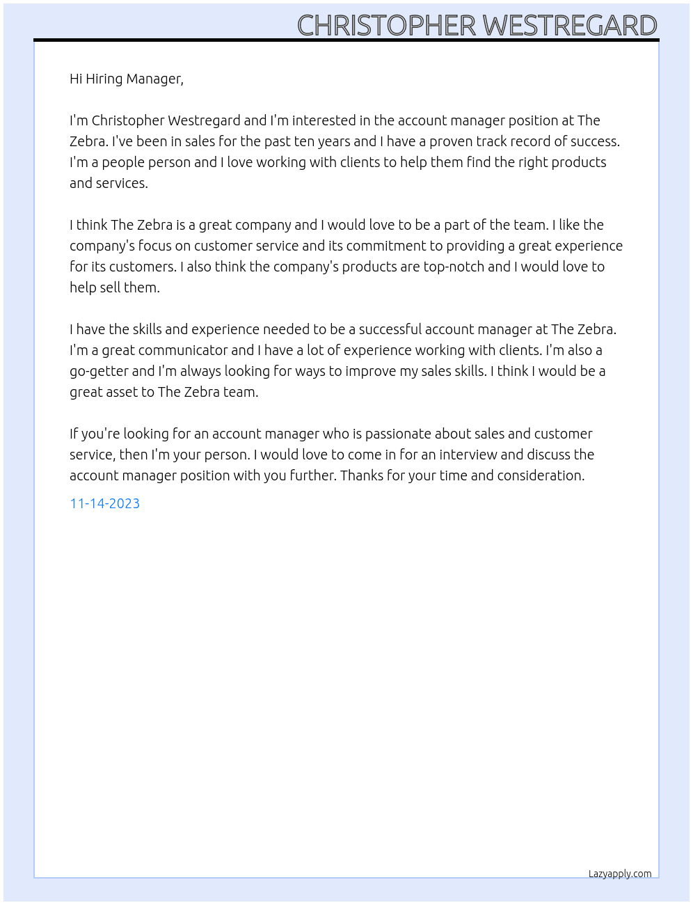 account manager At The Zebra Cover Letter