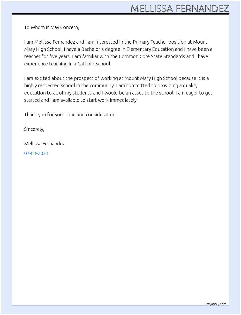 Primary Teacher At Mount Mary High School Cover Letter