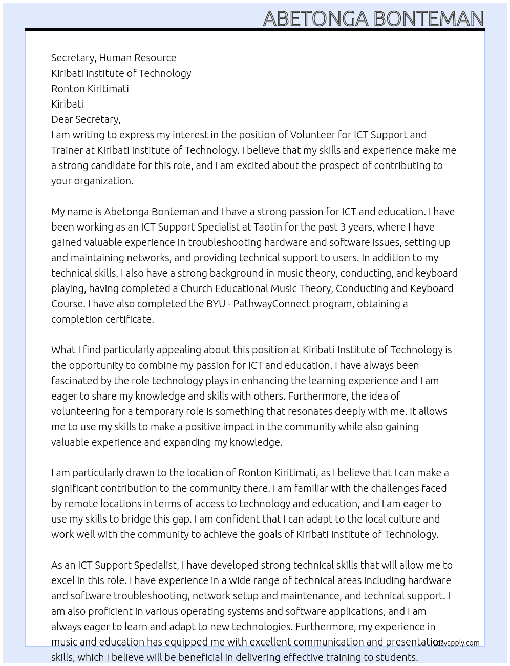 Volunteer for ICT Support and Trainer At Kiribati Institute of Technology Cover Letter