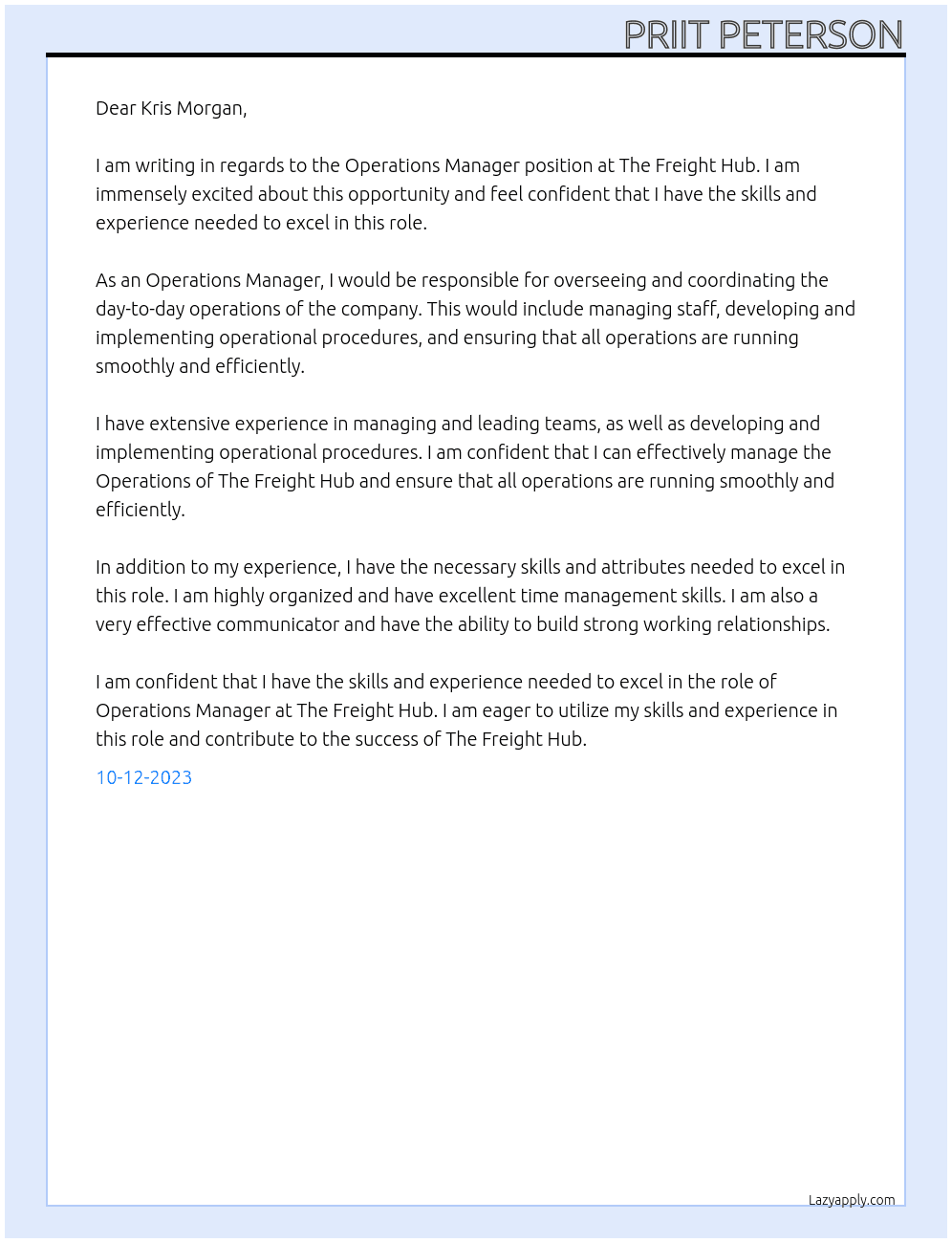 Operations Manager At The Freight Hub Cover Letter