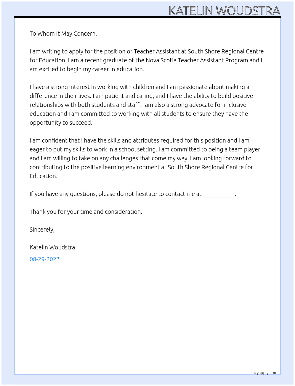 Teacher Assistant At South Shore Regional Centre for Education Cover Letter