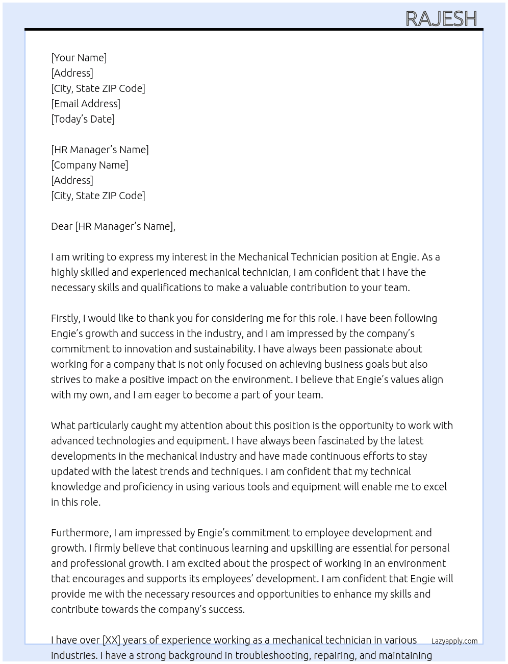Mechanical technician  At Engie Cover Letter