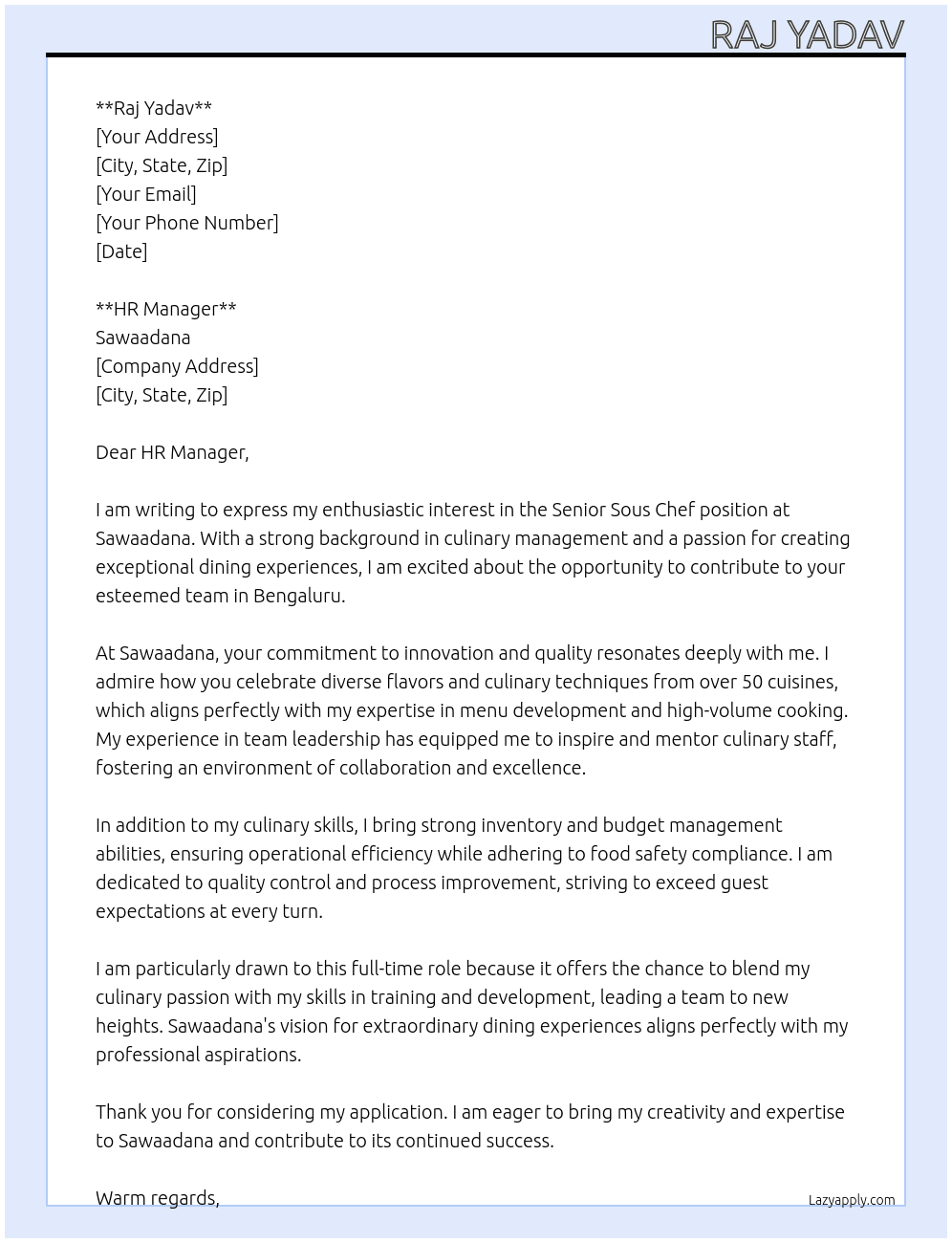 Senior Sous Chef At Sawaadana Cover Letter