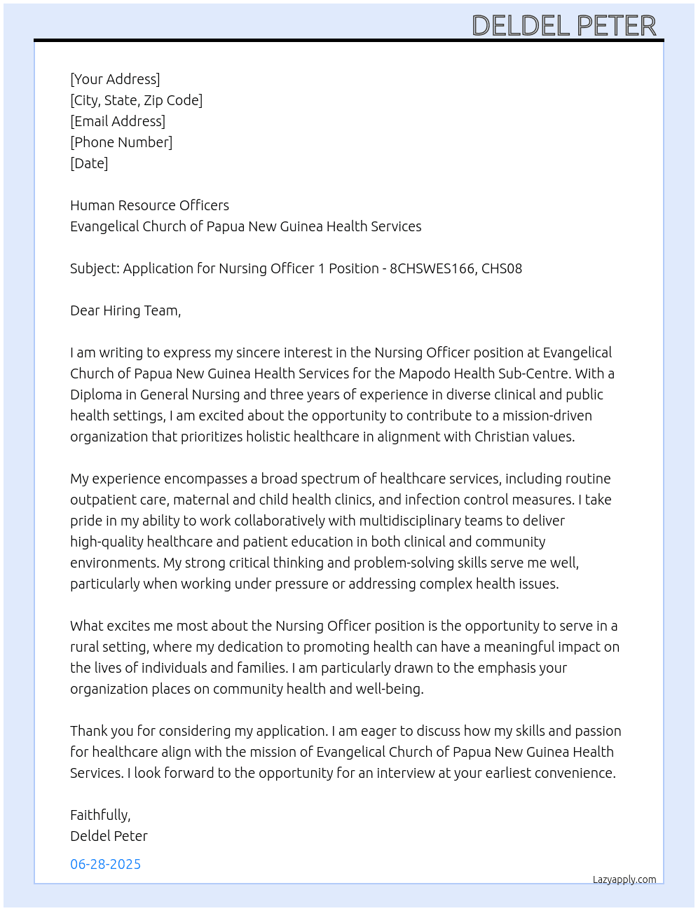 Cover letter for deldel peter - LazyApply