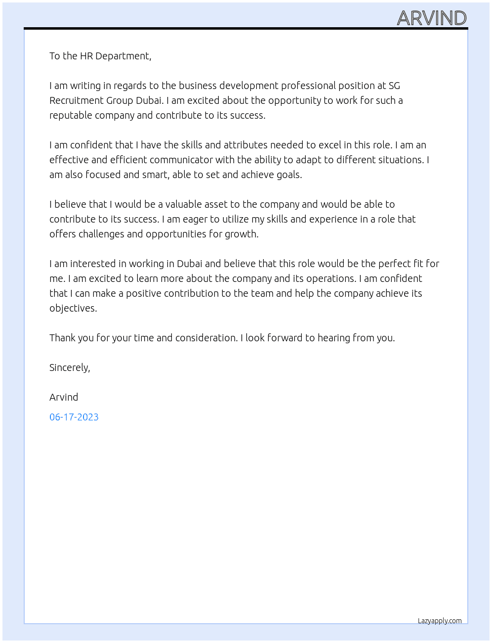 business  development  professional At SG RECRUITMANT GROUP DUBAI Cover Letter
