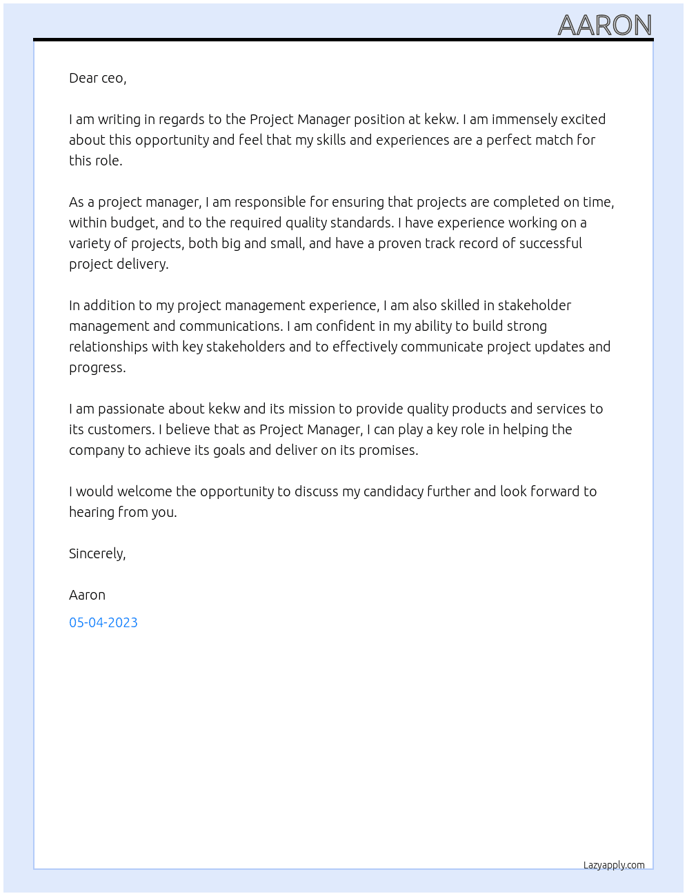 project manager At kekw Cover Letter