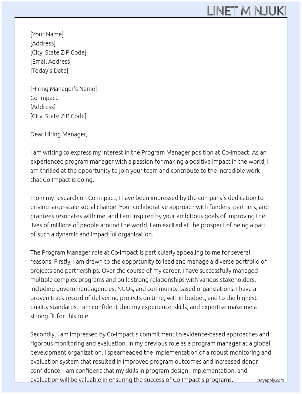 Program Manager At Co-Impact Cover Letter