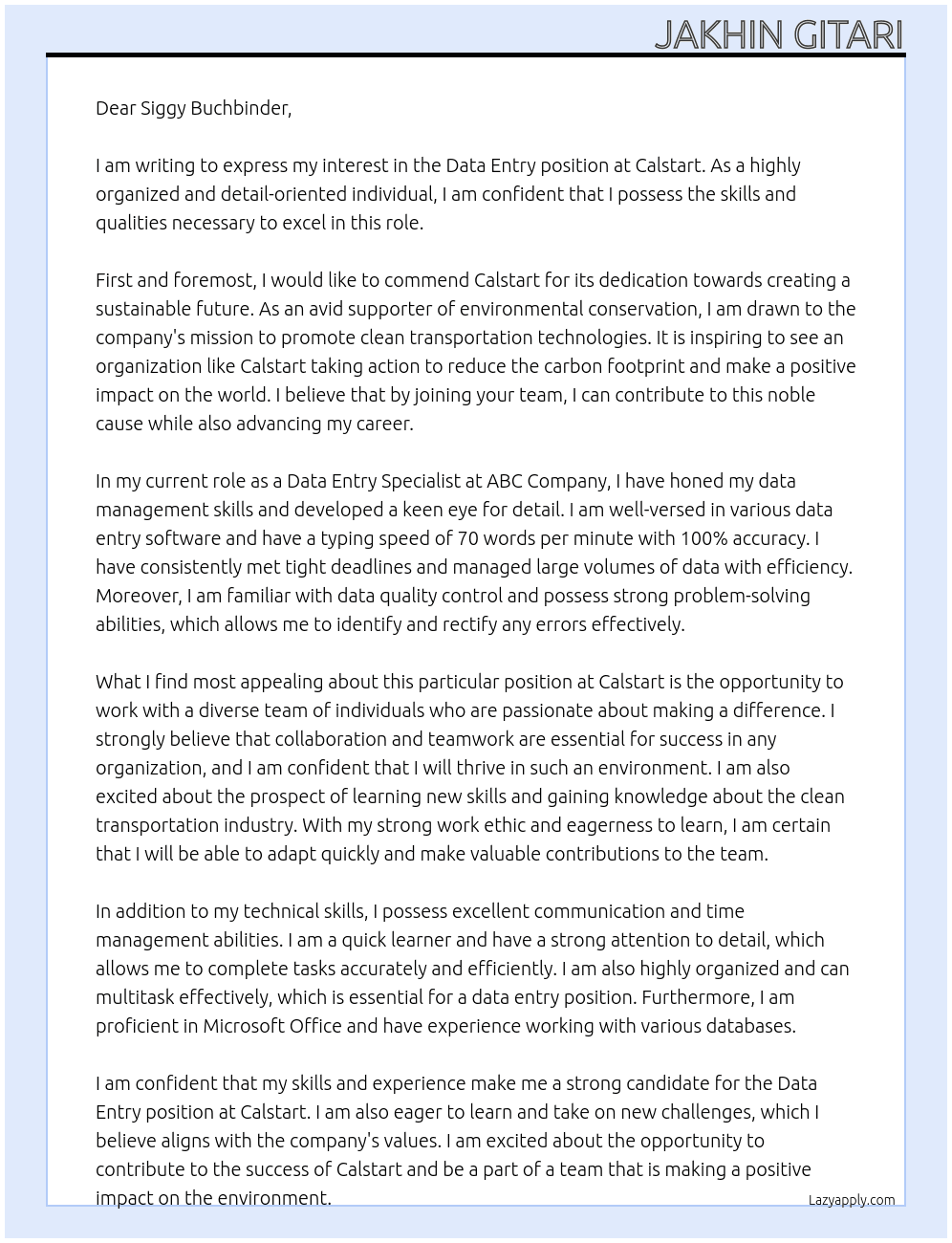 Data Entry At Calstart Cover Letter