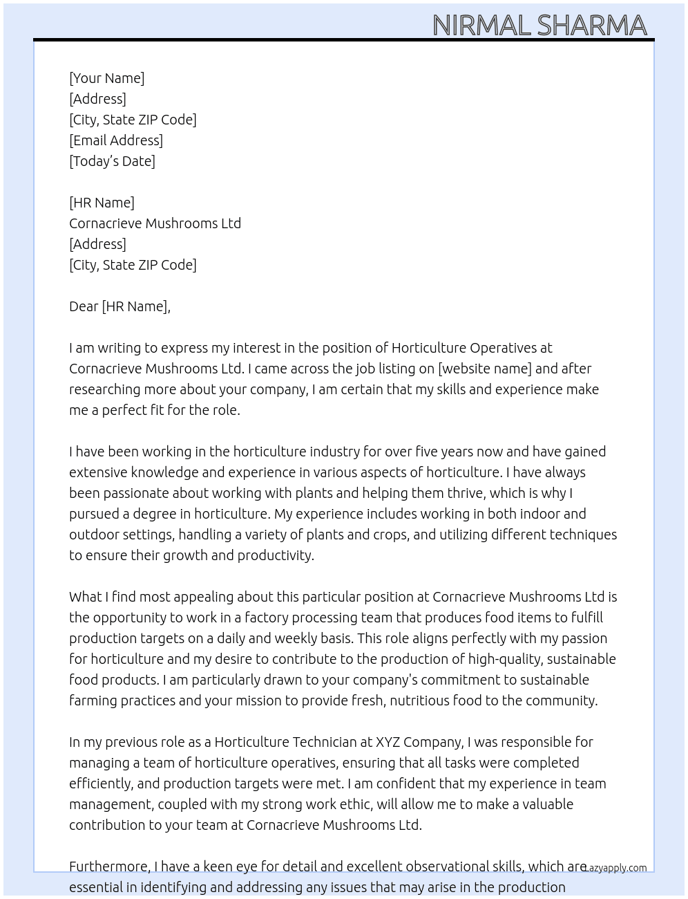Horticulture Operatives At Cornacrieve Mushrooms Ltd Cover Letter
