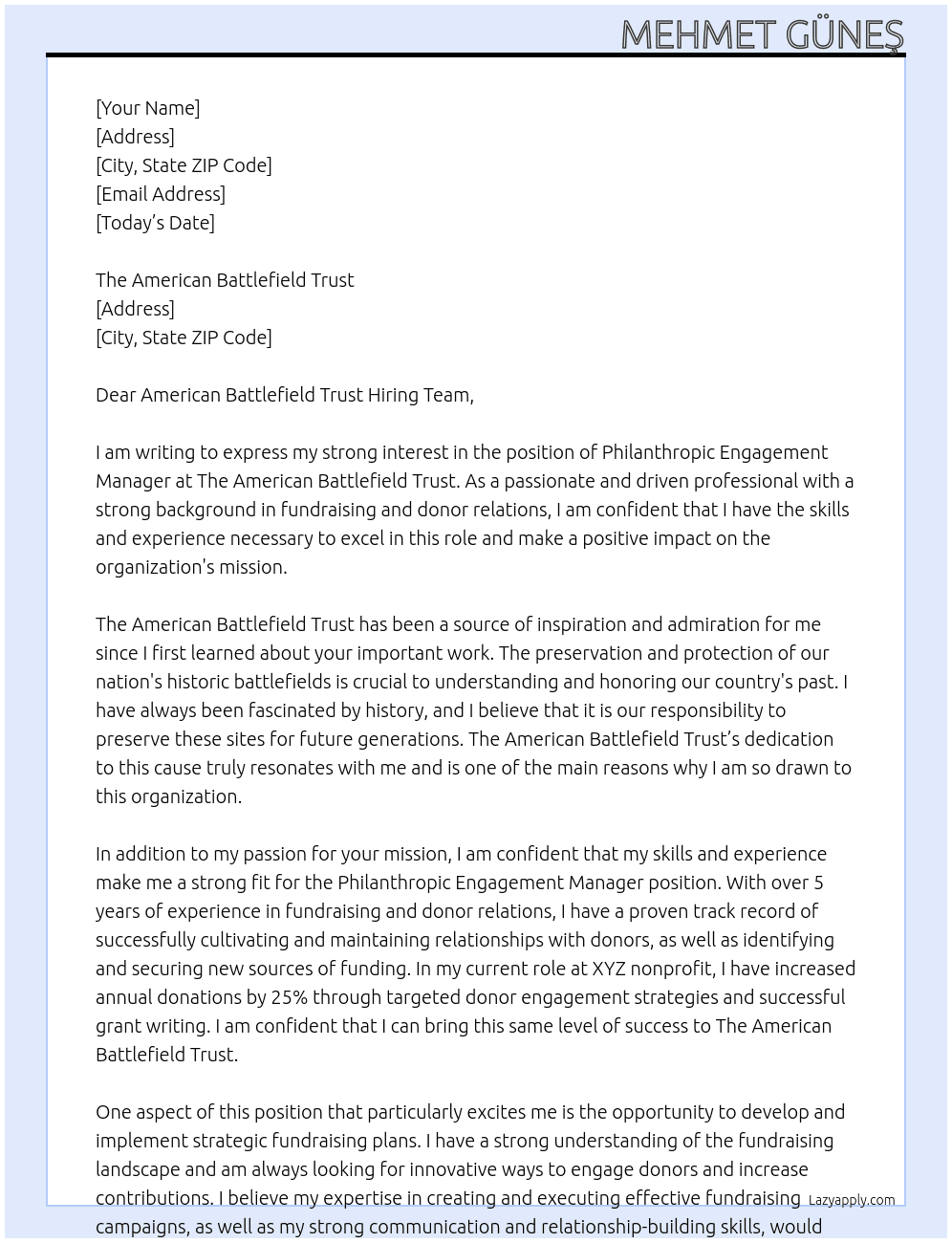 Philanthropic Engagement Manager At The American Battlefield Trust Cover Letter
