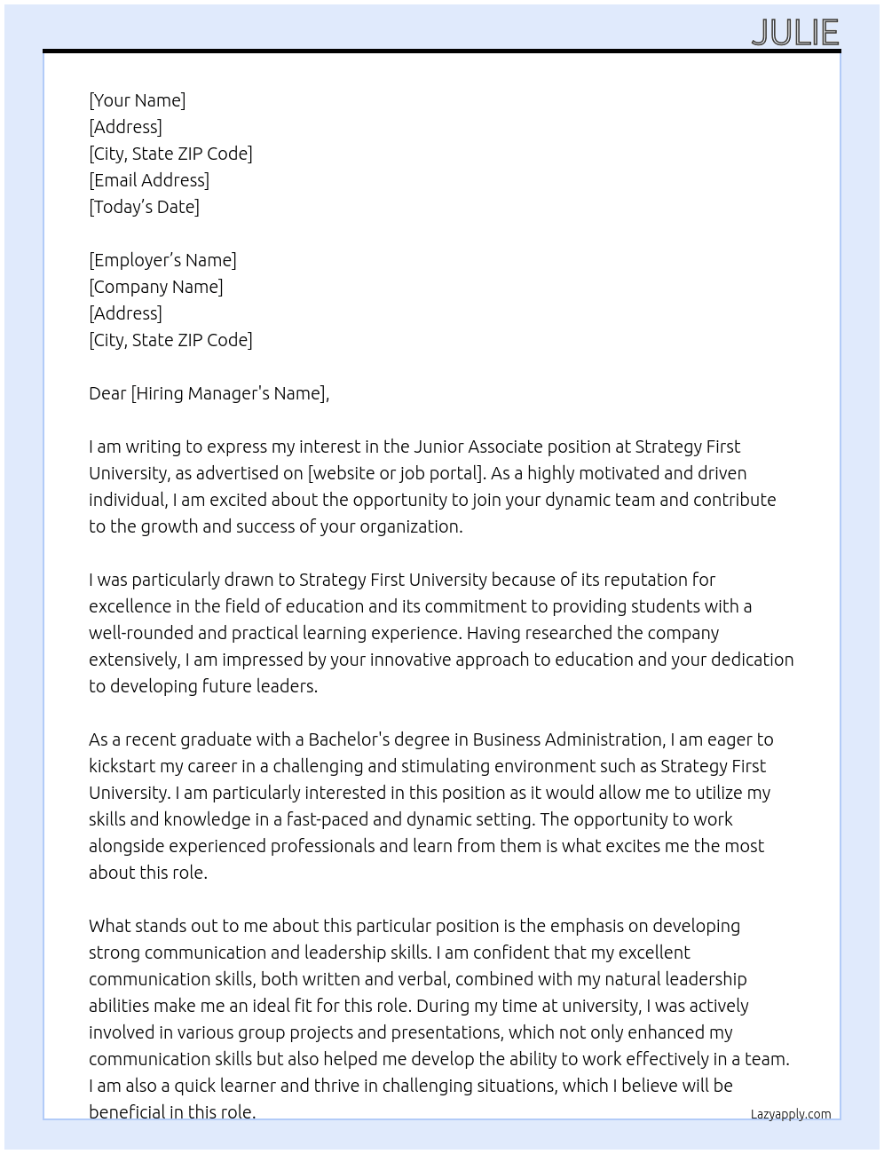 𝐉𝐮𝐧𝐢𝐨𝐫 𝐀𝐬𝐬𝐨𝐜𝐢𝐚𝐭𝐞 At Strategy first university Cover Letter
