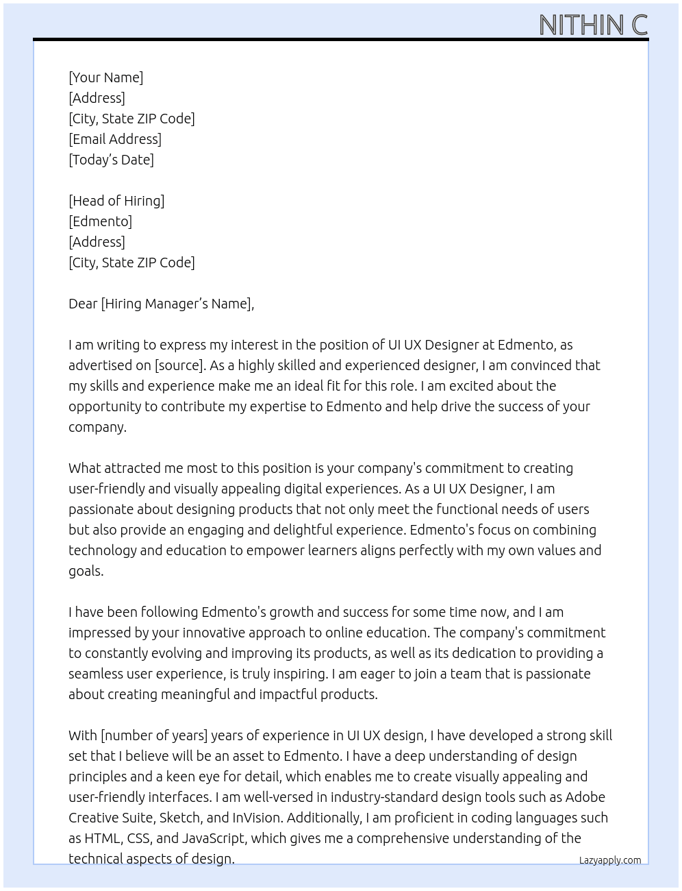 UI UX DESIGNER At Edmento Cover Letter