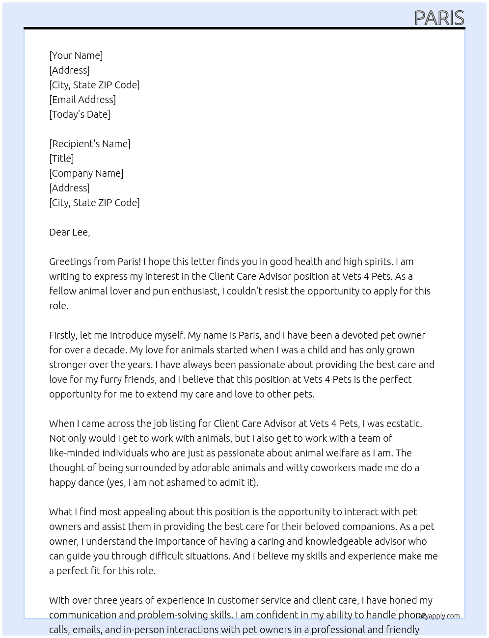 Client care advisor  At Vets 4 pets  Cover Letter