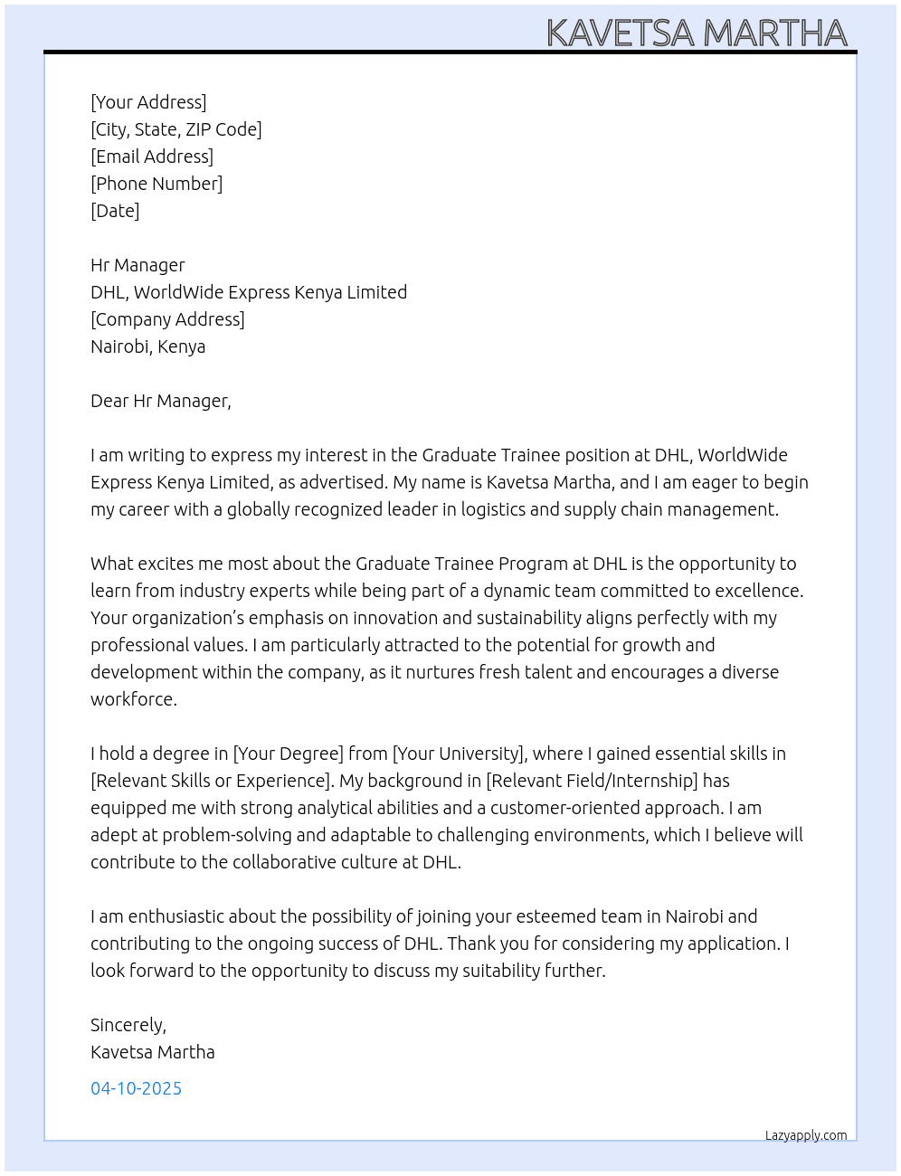 Graduate Trainee  At DHL, WorldWide Express Kenya Limited  Cover Letter