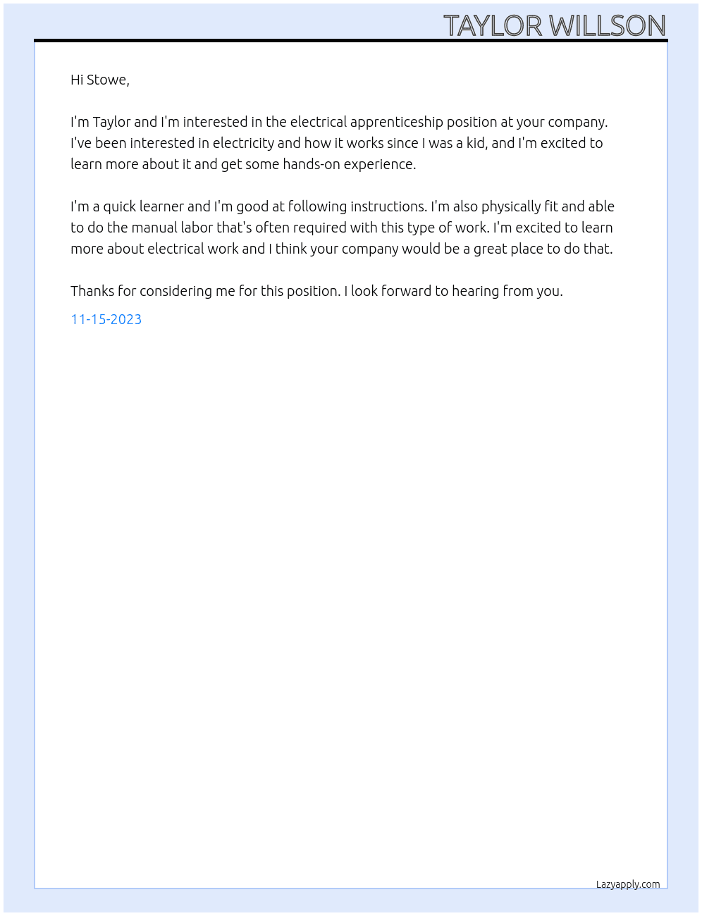 Electricial apprenticeship  At Stowe  Cover Letter