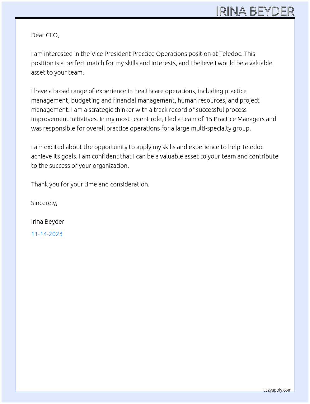 Vice President Practice Operations At Teledoc Cover Letter