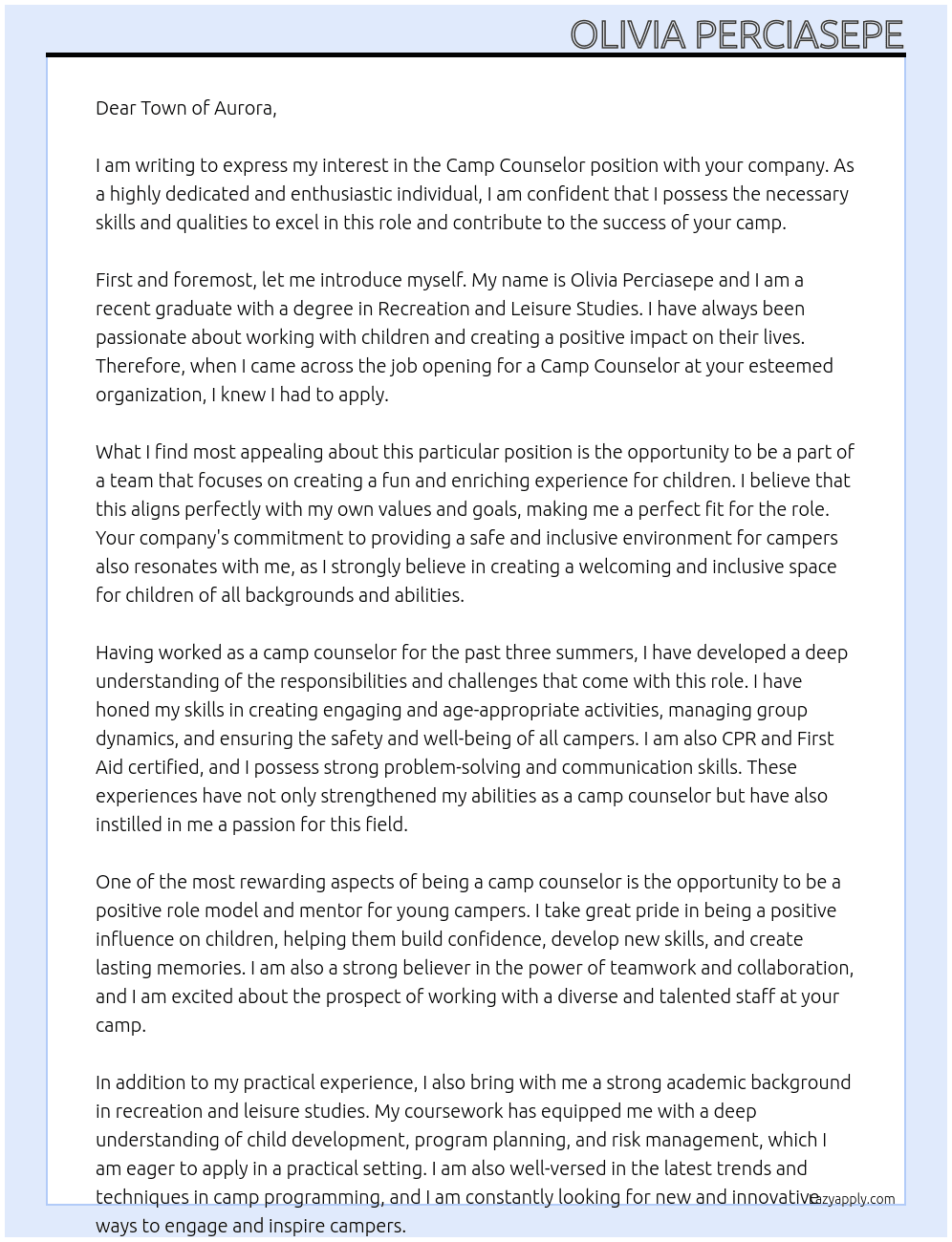 camp councellor At camp counsellor Cover Letter
