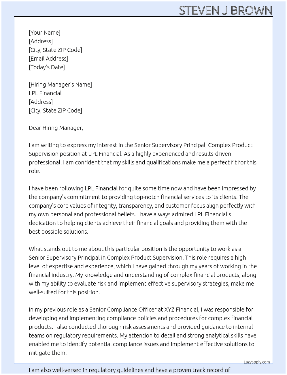 Senior Supervisory Principal, Complex Product Supervision At LPL Financial Cover Letter