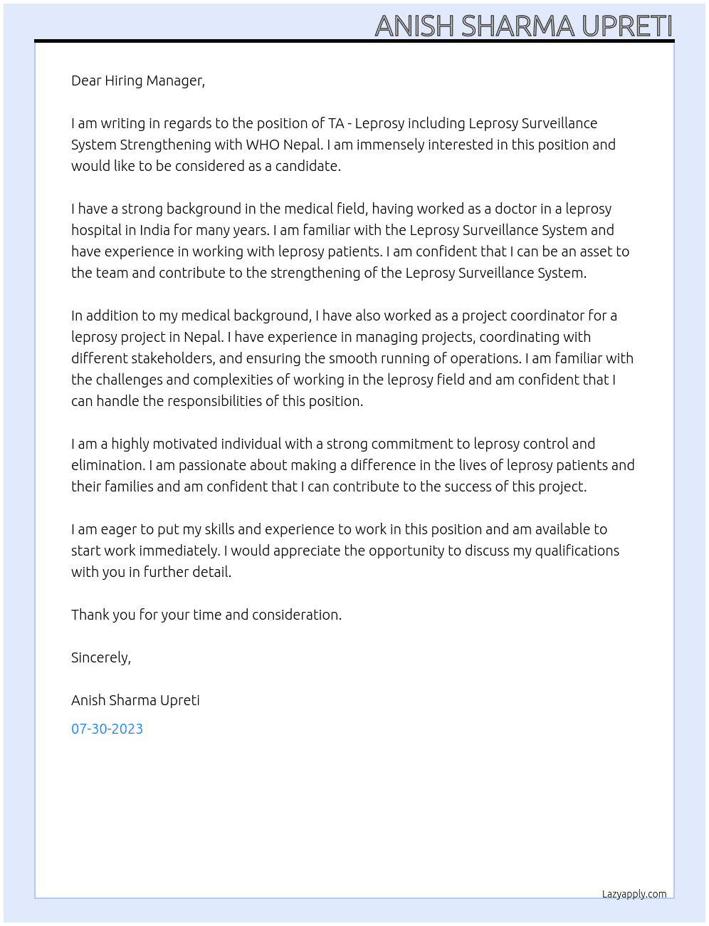 TA - Leprosy including Leprosy Surveillance System Strengthening At WHO Nepal Cover Letter
