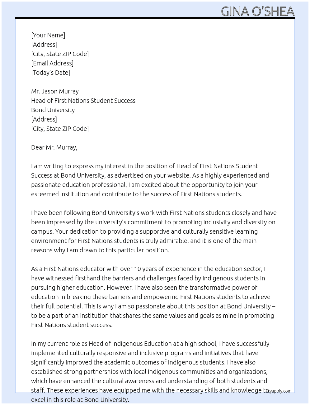 Head of First Nations Student Success At Bond University Cover Letter