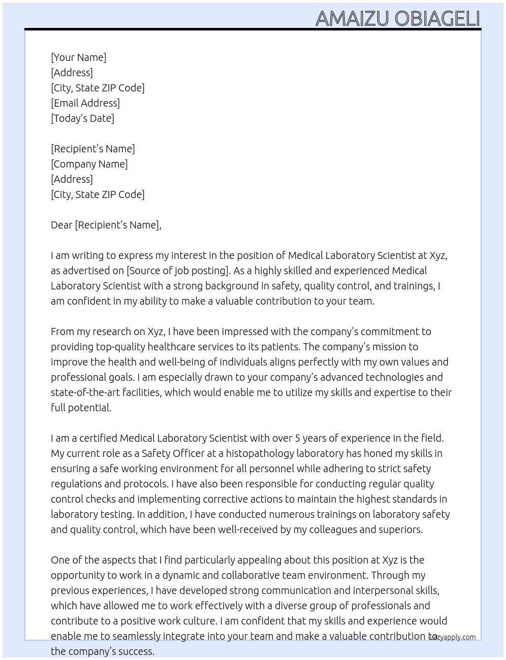 Medical Laboratory Scientists  At Xyz Cover Letter