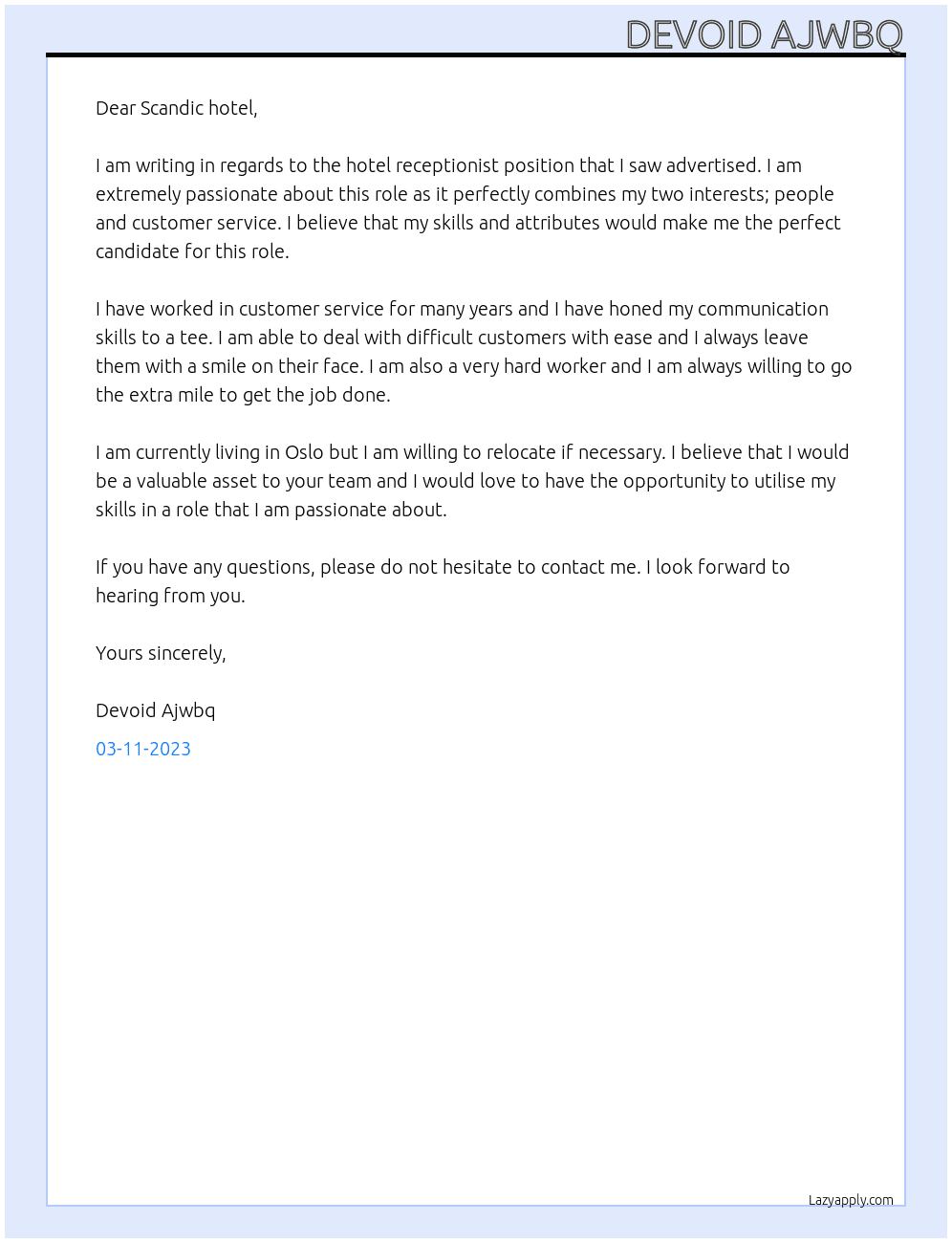 Hotel receptionist  At Scandic hotel  Cover Letter