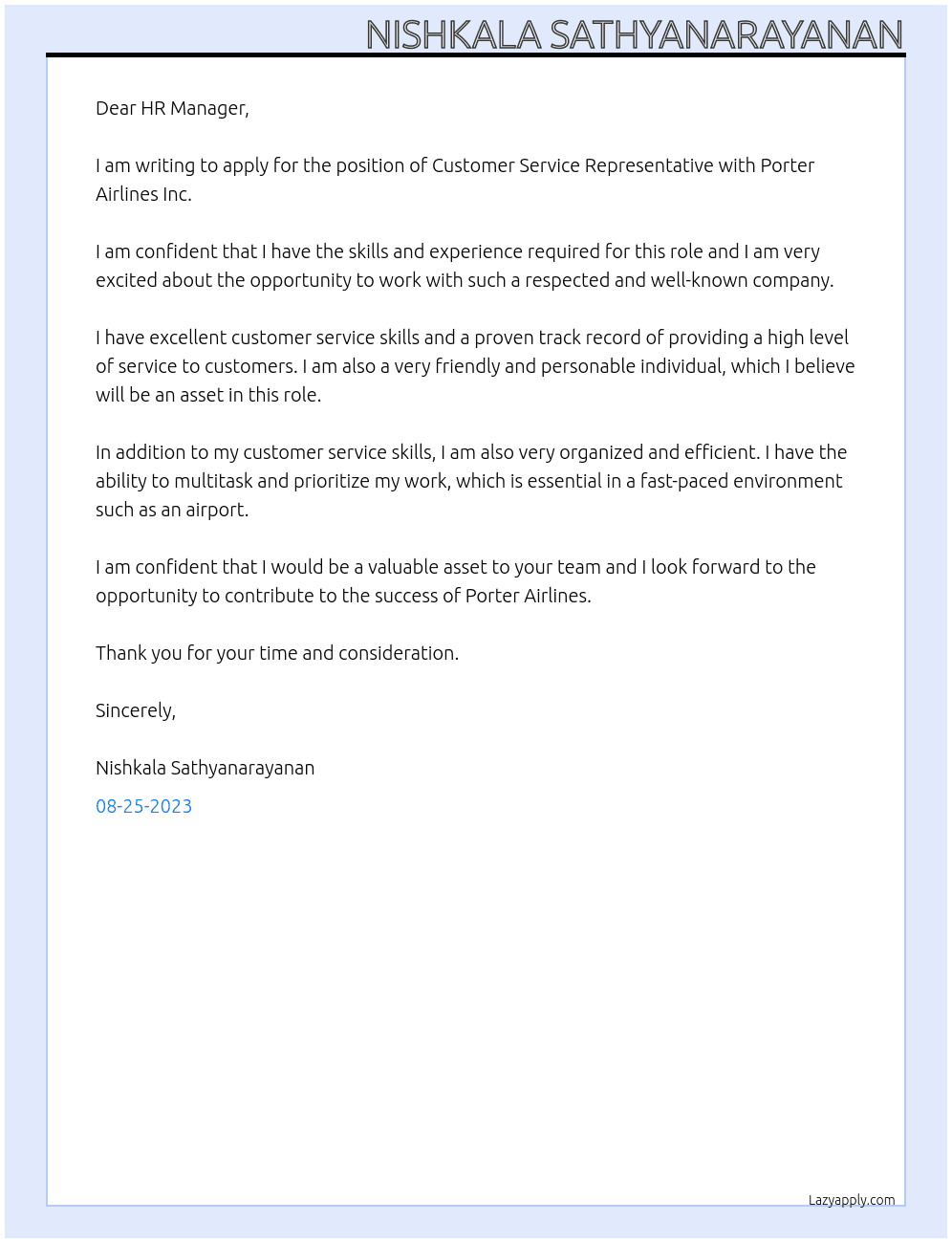 Customer Service Representative At Porter airlines Inc. Cover Letter