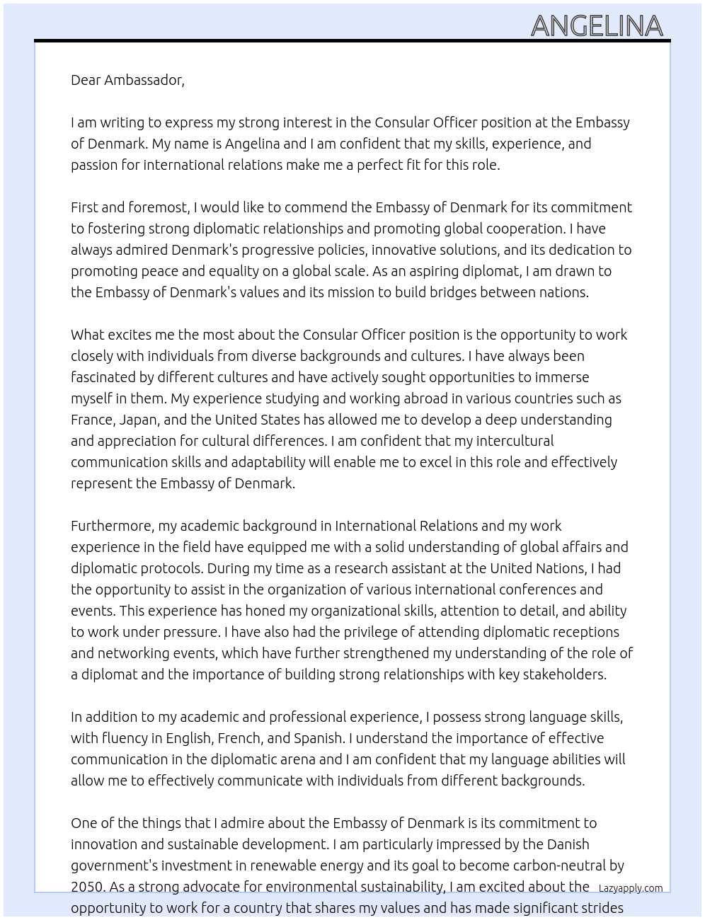 Consular Officer  At Embassy of Denmark  Cover Letter