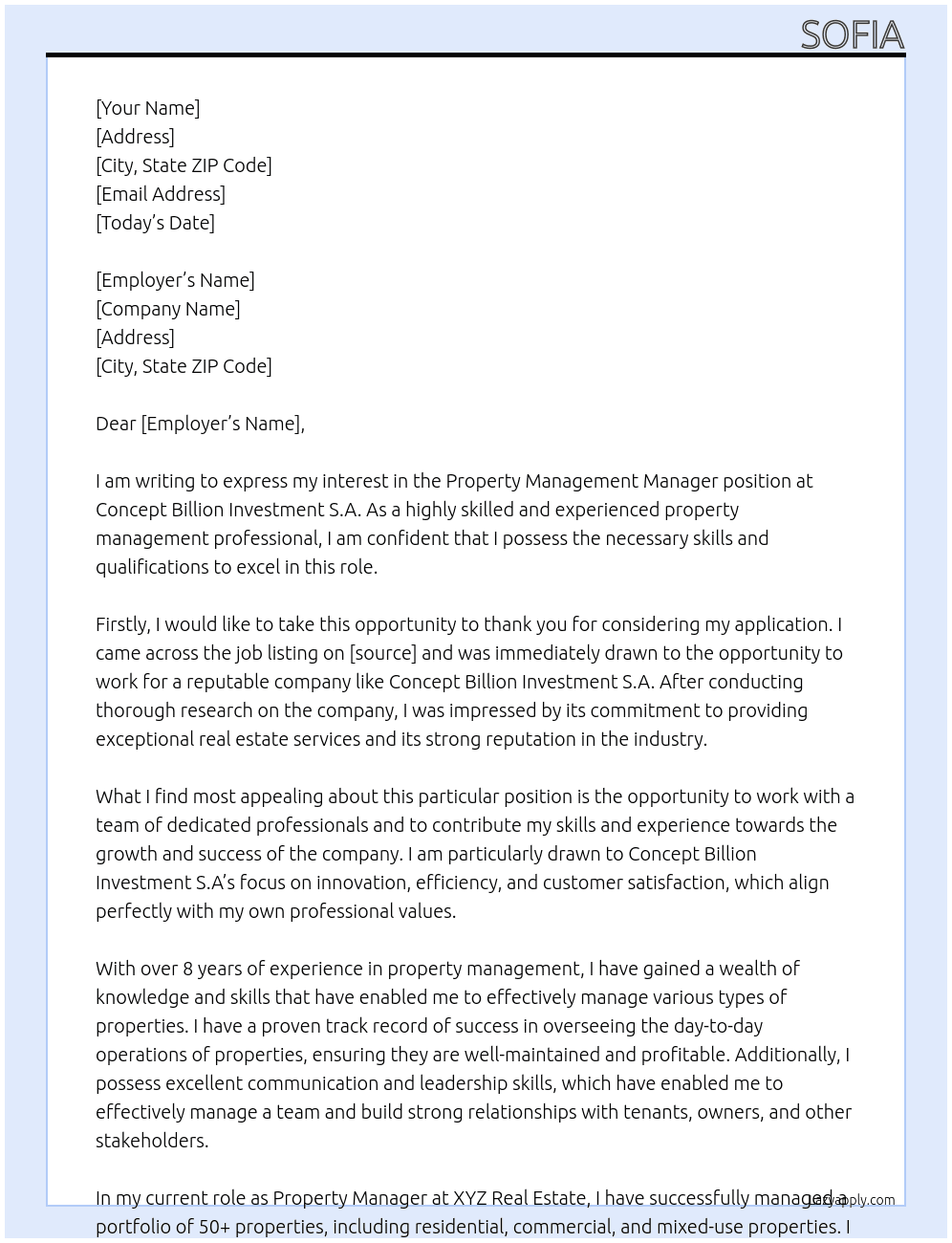 property management manager At   Concept Billion Investment S.A Cover Letter